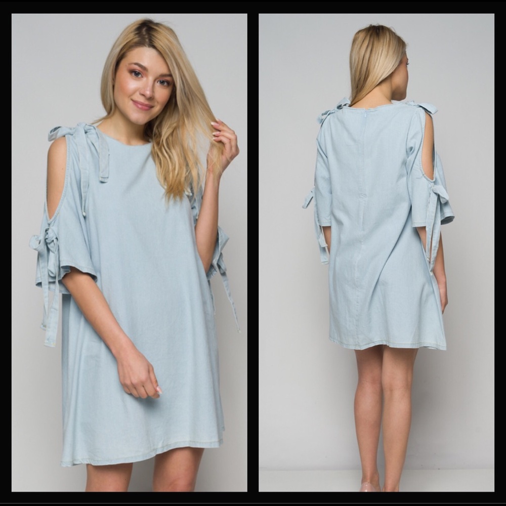 Denim 3/4 Sleeve Cold Shoulder Shift Dress